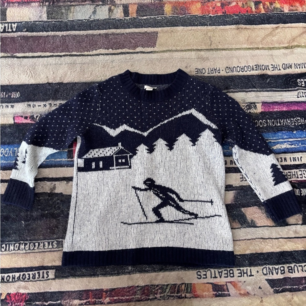 J. Crew Navy and Gray Ski Scene Sweater